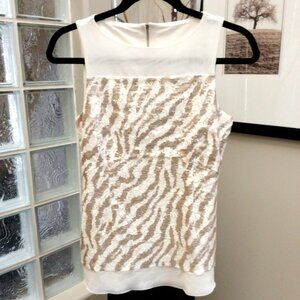 BEBE Sequin Mesh Lace Lined Sleeveless Top. Size S. Cream and Rose Gold